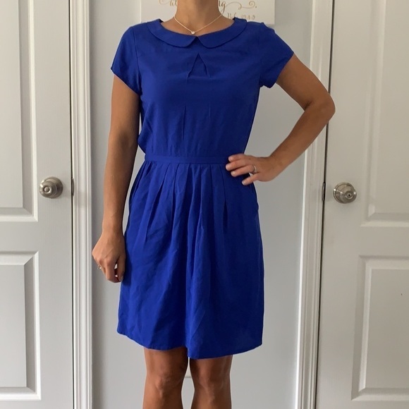 J Crew‎ Royal Blue Peter Pan Collar Dress pockets midi career or casual size 0 - Picture 1 of 10